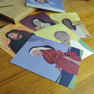 Es war nicht immer einfach ist ein Postkarten-Set mit zehn zufällig ausgewählten Heiligenportraits.