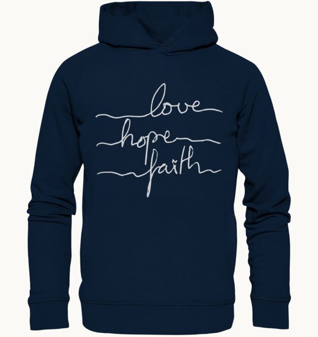 Beim “love hope faith” Organic Fashion Hoodie kommen bei der Bestellung keine Versandkosten dazu.