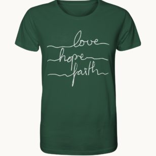 T-Shirt mit dem Motiv "love hope faith" in der Farbe Bottle Green.