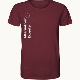 T-Shirt mit der Aufschrift "Alternativer Experte" in der Farbe Burgunderrot.